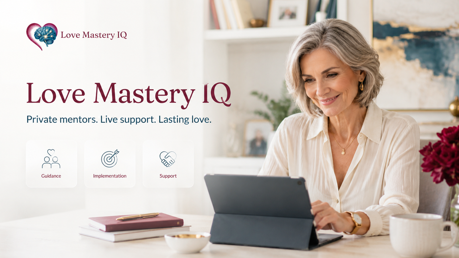 Love Mastery IQ premium relationship intelligence membership visual with private mentors, implementation, and support